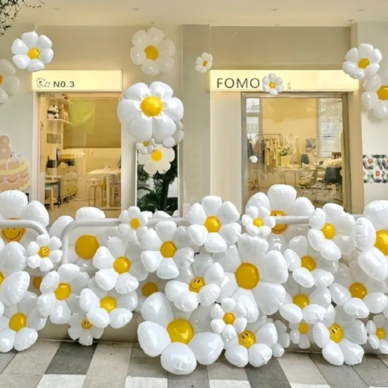 50ชิ้นสีขาวเดซี่อลูมิเนียมฟอยล์บอลลูน-นํามาใช้ใหม่วันเกิดภาพอุปกรณ์ประกอบฉาก ลีลาวดีดอกไม้ตกแต่งสําหรับการถ่ายภาพปาร์ตี้กลางแจ้ง
