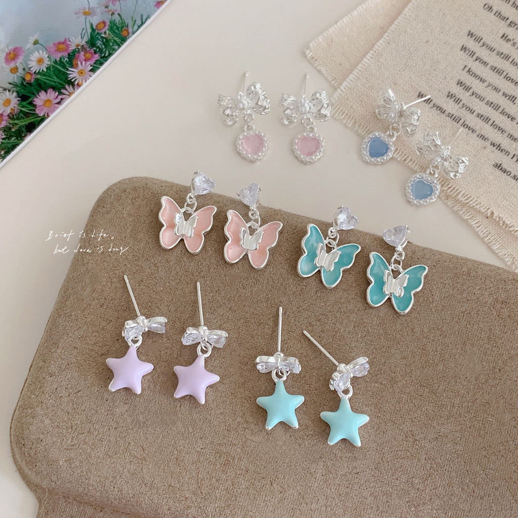 ต่างหูผีเสื้อเกาหลี สไตล์ Sweet Niche Design ใหม่ สี Star เข็มเงิน ประณีต มิกซ์ Pearl Love ทุกรูปแบบ