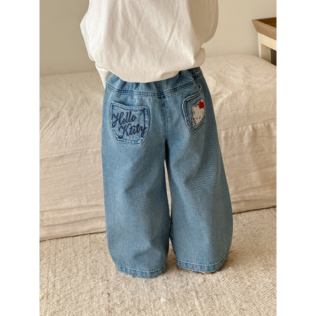เด็กผู้หญิงการ์ตูนแมวกางเกงยีนส์ขาตรง2025ใหม่กางเกงเด็กเด็กผู้หญิงกางเกงยีนส์ขากว้างสไตล์เกาหลี - รูปที่ 3