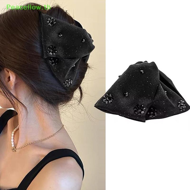 Peacellow Vintage สีดําซาตินผม Claw Rhinestone Hairpin เครื่องประดับโบว์ขนาดใหญ่ผู้หญิงอุปกรณ์เสริมผม TH