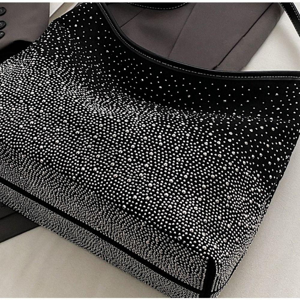 Trendyzone กระเป๋าสะพายไหล่, กระเป๋าถือ Rhinestone เงาความจุขนาดใหญ่, กระเป๋าโท้ตหนังกลับมีซิปสีทึบแฟชั่น