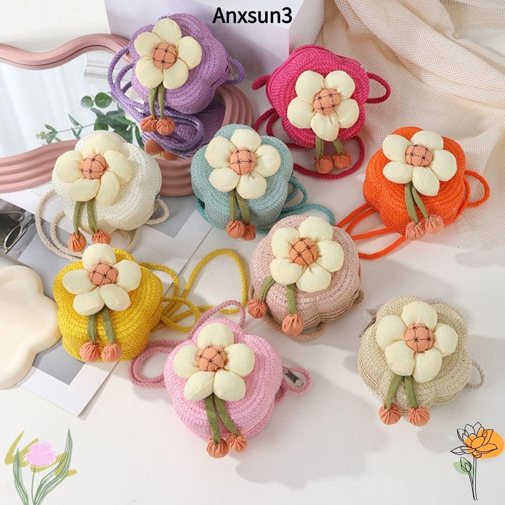 Anxsun3 กระเป๋าสะพายข้าง, กระเป๋าสะพายฟางดอกไม้, กระเป๋าใส่เหรียญทอเด็กผู้หญิง