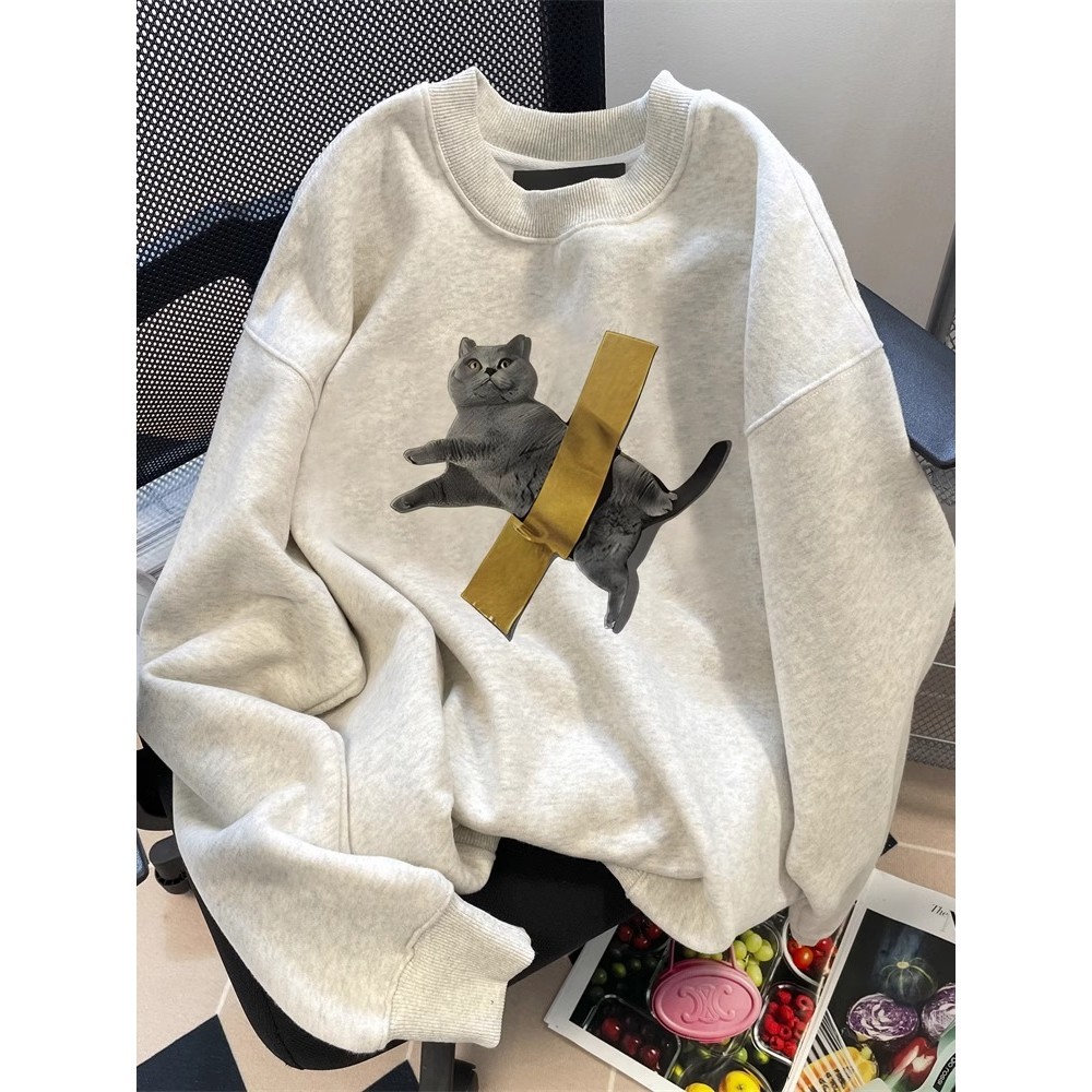 (จัดส่งตลอด 24 ชั่วโมง）สีเทาระดับไฮเอนด์ที่น่าสนใจแมวพิมพ์เสื้อกันหนาวไม่มีหมวกผู้หญิงเกาหลีสไตล์ขี้เกียจฤดูหนาวท็อปส์ซู