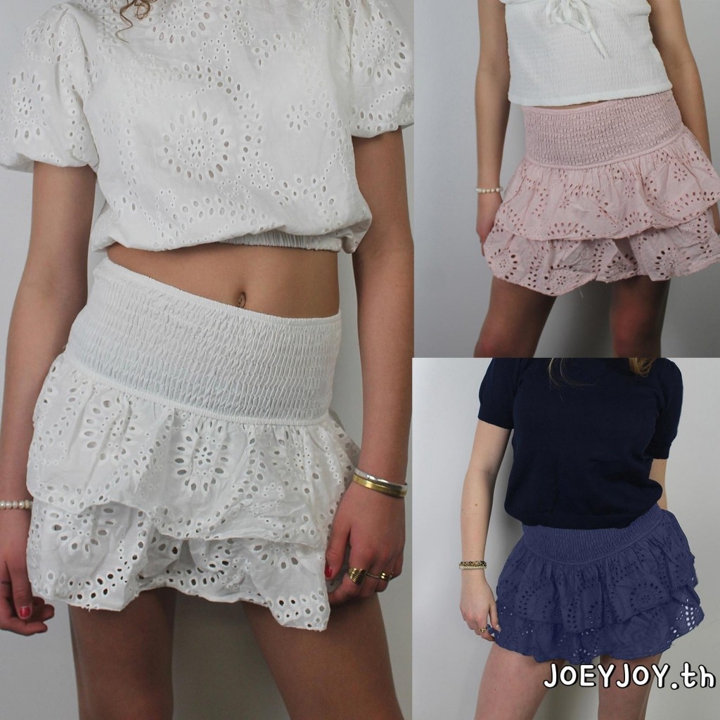 Joeyjoy-กระโปรงผู้หญิง Shirred Mini Skirt A-Line Pointelle กระโปรงเอวสูงระบายชั้น