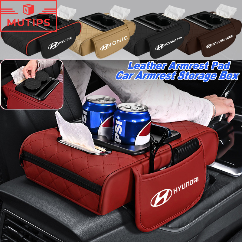 Hyundai เครื่องหนัง ที่พักแขนในรถ กล่องเก็บของคอนโซลกลาง ที่ท้าวแขน พร้อมกล่องทิชชู่และที่วางแก้ว Ioniq 5 6 Creta Stargazer Kona Elantra N H1 Staria