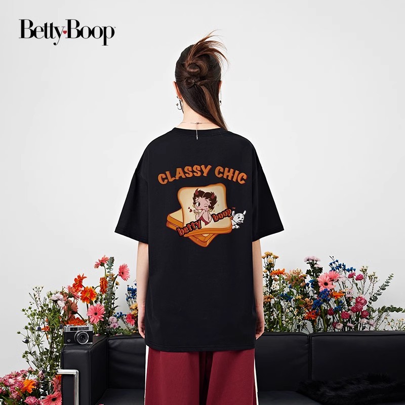 Betty BOOP BETTY เสื้อยืดแขนสั้นหลวมพิมพ์ลายคู่ผ้าฝ้ายแท้