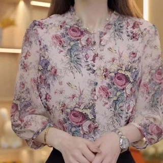 Chemisegrace 99097 เสื้อเชิ้ตแขนยาว คอกลม ผ้าชีฟอง ทรงหลวม ลายดอกไม้ ลายดอกไม้ ทรงหลวม ใส่ทำงาน เรียบร้อยดี แฟชั่น