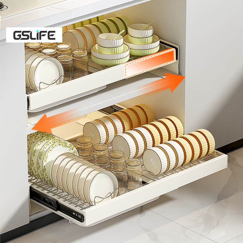 GSlife ตู้เก็บจานสแตนเลส ลิ้นชักรางเลื่อนคาร์บอนสตีล! ชั้นวางจานแบบบิวท์อิน รับน้ำหนัก15กก.+ป้องกันส