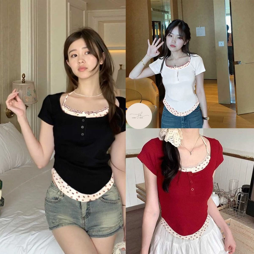 เสื้อแฟชั่นลายดอก ทรงสั้น แขนสั้น พอดีตัว สไตล์สาวแซ่บ