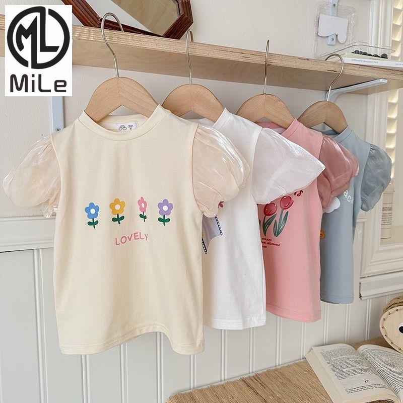[ML] 90-140 ซม.ฤดูร้อนสไตล์ใหม่สาว All-Match แขนสั้นหวาน Macaron ฤดูร้อนบางสไตล์กลางเด็กเล็กหญิงพัฟแขนด้านบน