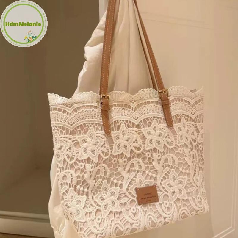 HDMM ผู้หญิงลูกไม้สีขาวดอกไม้เย็บปักถักร้อย Tote ฤดูร้อนริมทะเลท่องเที่ยววันหยุดไหล่ Retro กระเป๋าถือ TH