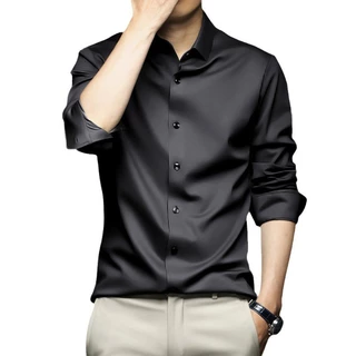 เสื้อเชิ้ตผู้ชายปี 2025 ผ้าไหมน้ำแข็ง ปราศจากริ้วรอย สไตล์การทำงาน และชุดลำลองสำนักงาน ด้วยเสื้อเชิ้ตสีขาวพรีเมียม