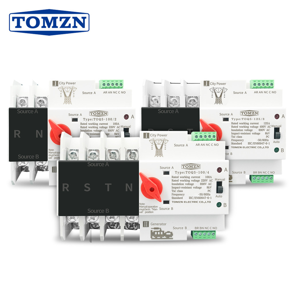 TOMZN Din Rail 2P 3P 4P ATS Dual Power สวิตช์โอนอัตโนมัติตัวเลือกไฟฟ้าอย่างต่อเนื่อง 63A 100A TOMZN Mini