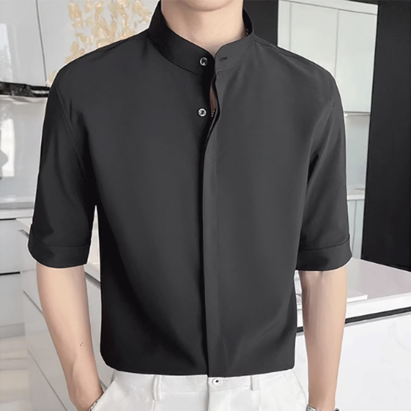 MANSTR เสื้อครึ่งแขนผู้ชายสไตล์เกาหลี สลิมฟิต ผ้าไหมน้ำแข็ง ระบายอากาศได้ดี เหมาะสำหรับทำงานและใส่ในฤดูร้อน มีหลายสีให้เลือก เช่น สีดำ สีเขียว และสีขาว