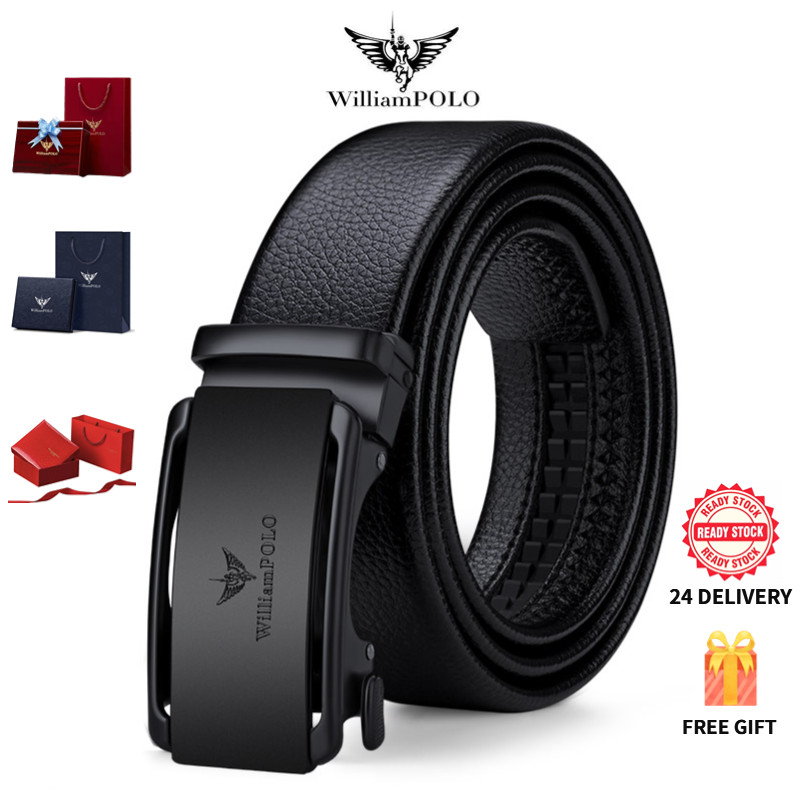 เข็มขัดหนังแท้ผู้ชาย WilliamPOLO หัวเข็มขัดอัตโนมัติแฟชั่น ปรับความยาวได้ พร้อมกล่องของขวัญ Men's belt stylish alloy automatic buckle belt, adjustable length free gift box.