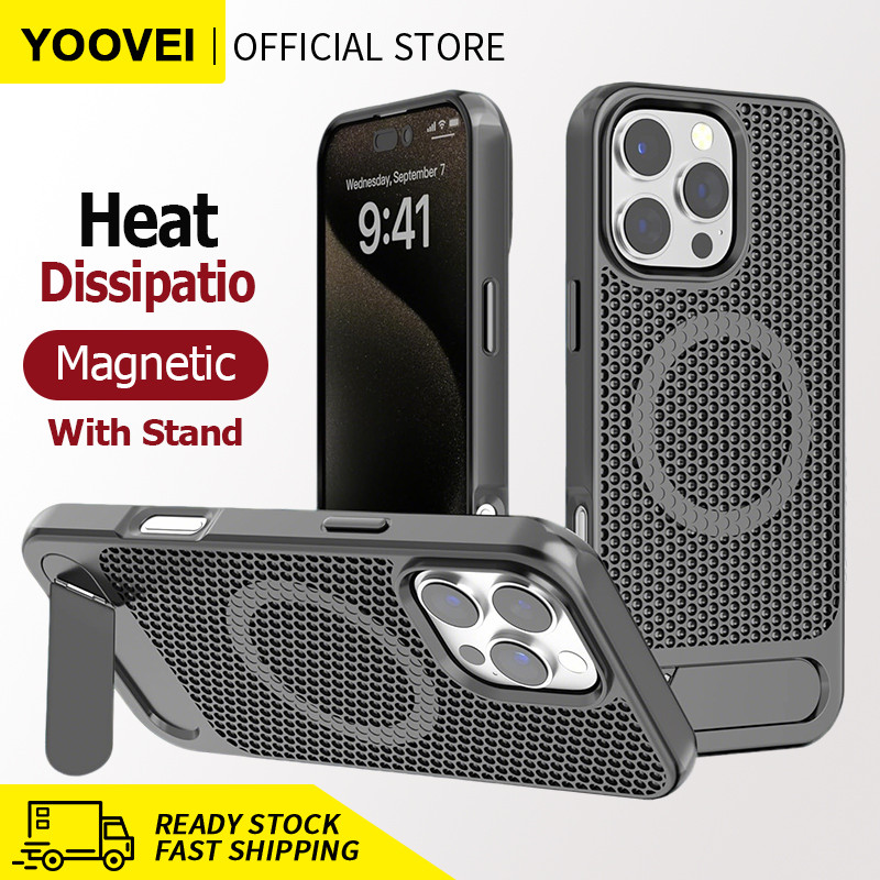 YOOVEI Magnetic Heat Dissipatio Case สําหรับ iPhone 17/16/15 Pro, Cooling Drop Protection case สําหรับ 14/13/12, ขาตั้งแบบปรับได้, Ice Armour Cool Matte Material - สีเทา