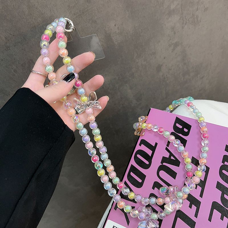 สไตล์เกาหลีอินลูกปัดที่มีสีสันโซ่โทรศัพท์มือถือโทรศัพท์มือถือห้อยคอเชือกเส้นเล็กทําเองโบว์ยาวแนวทแยง