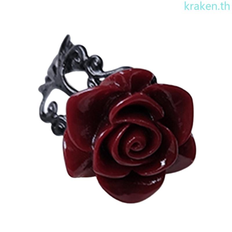 Kra Gothic Red Rose แหวนความงาม Gothic ดอกไม้แหวน Punk ฮาโลวีน