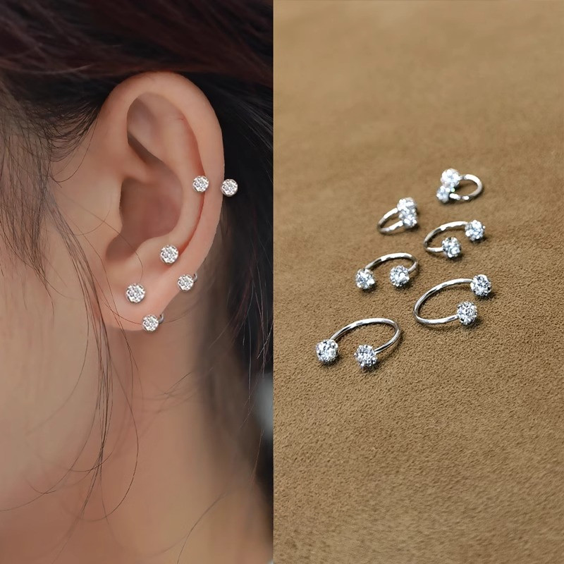 6/8/10 มม.Bling ประณีต S925 เงินสเตอร์ลิงต่างหูหู Studs หูกระดูกเล็บหัวเข็มขัดเจาะหูเครื่องประดับ