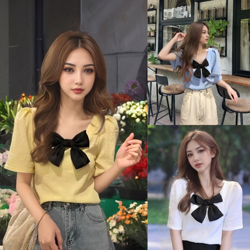 เสื้อยืดแขนสั้นคอวี ดีไซน์เก๋ ผูกโบว์ สไตล์มินิมอล ใส่แล้วดูดี มีความทันสมัย เหมาะกับการแต่งตัวในทุกวัน