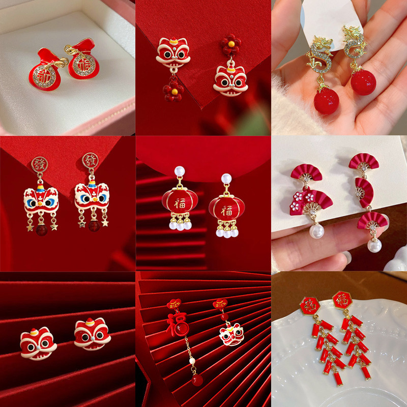 งานรื่นเริงสีแดงตัวละครโชคลาภปีใหม่ต่างหูโคมไฟหญิงแฟชั่นที่ไม่ซ้ํากันประณีตมุกพู่จี้ต่างหู