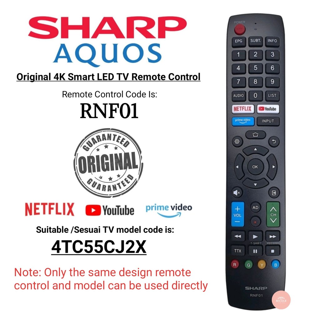 Sharp aquos RNF01 รีโมทคอนโทรลทีวี LED อัจฉริยะเหมาะสําหรับ 4TC55CJ2X