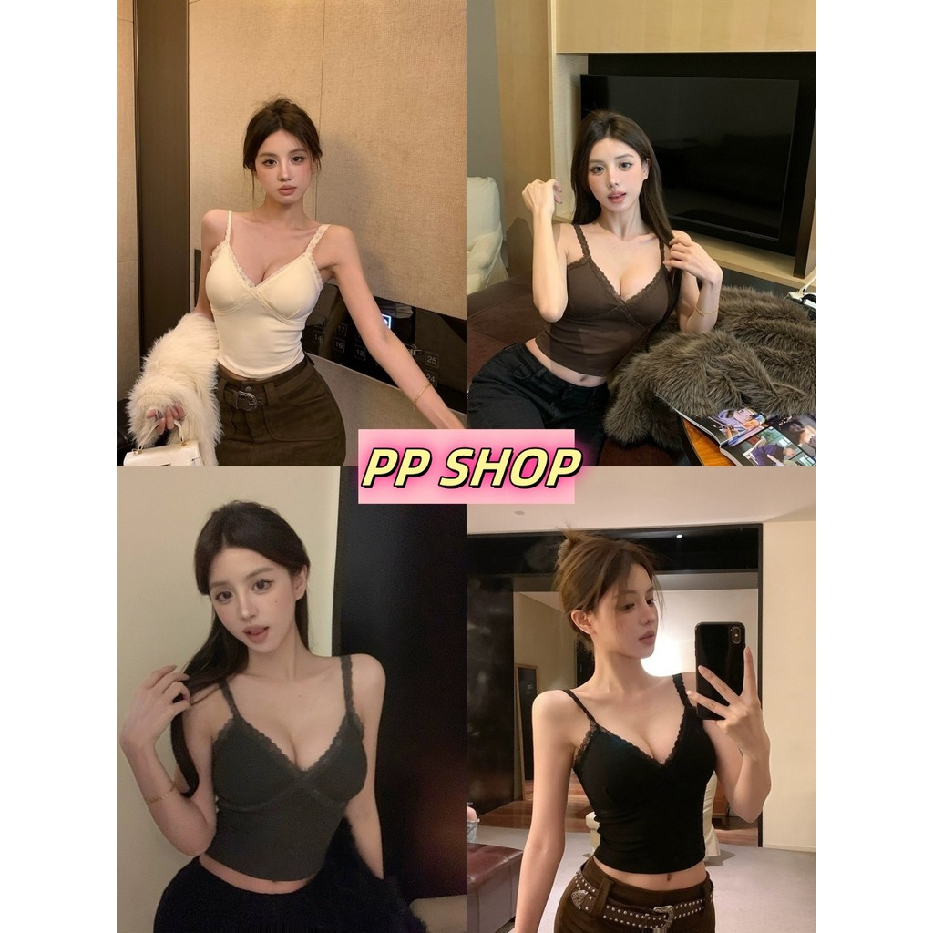 PP Shop​ ​พร้อมส่ง เสื้อสายเดี่ยว มีฟองน้ำ สีพื้น เซ็กซี่ เสื้อครอป คอวีผ้านุ่ม แต่งลูกไม้ ทรงสวย แฟชั่นฤดูร้อน#FY709-P