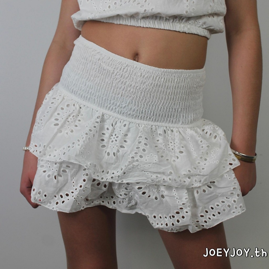 Joeyjoy-กระโปรงผู้หญิง Shirred Mini Skirt A-Line Pointelle กระโปรงเอวสูงระบายชั้น - รูปที่ 6