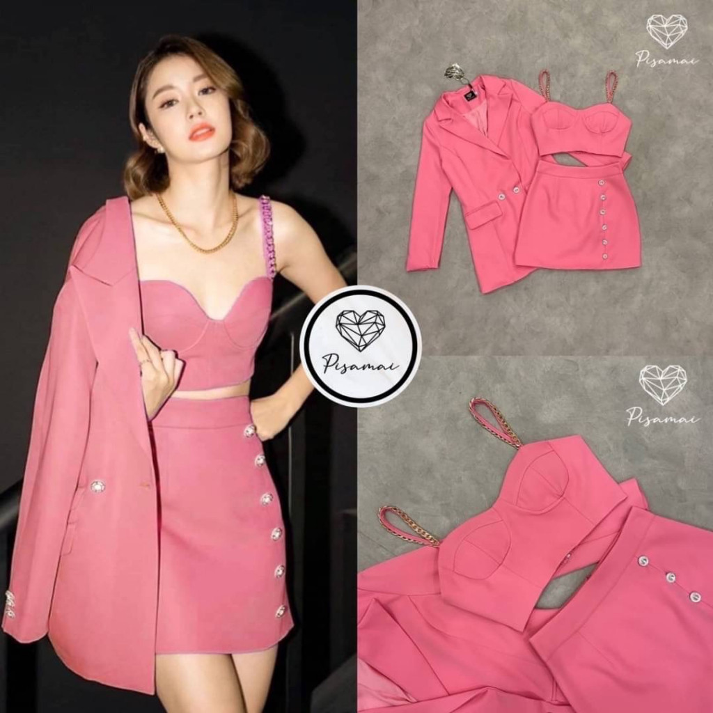 Cr. (xs-xl) (พร้อมส่ง)pisamai6 เซ็ตเสื้อคอปสีชมพู สูทสีชมพู สูทกระโปรง cafe Cr.shop