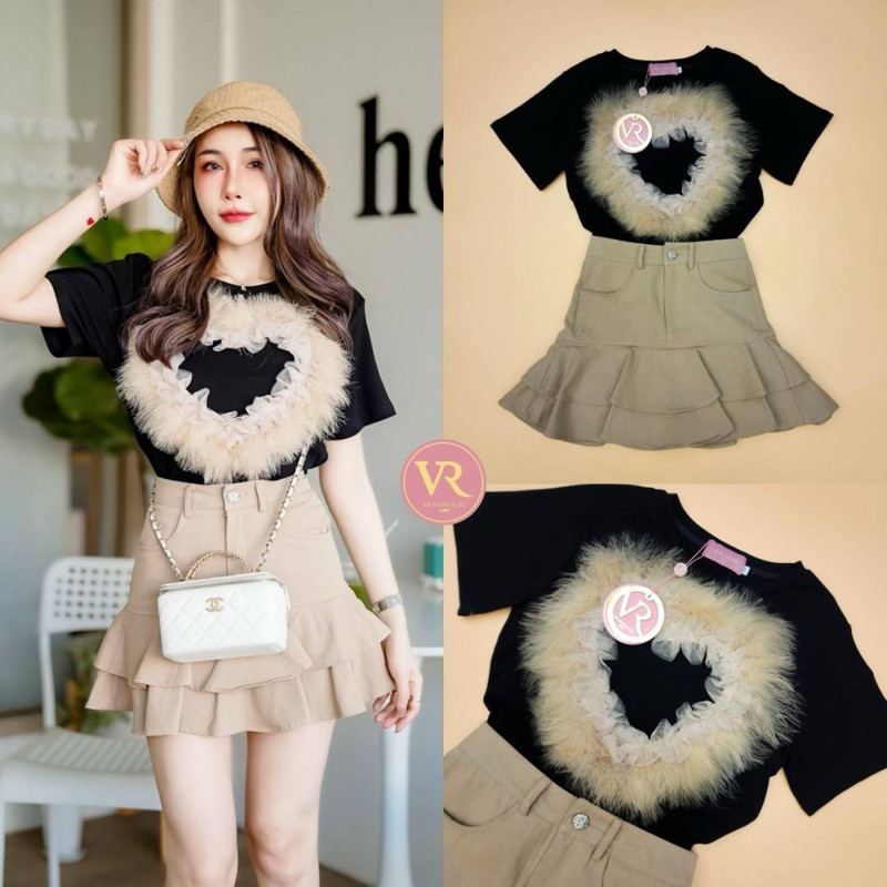 (พร้อมส่ง)  hiso.Closet Vr23 Set เสื้อยืดแขนสั้น เนื้อผ้านุ่มเด้งดีมากๆค่ะ แต่งขนนกรูปหัวใจช่วงหน้าอ
