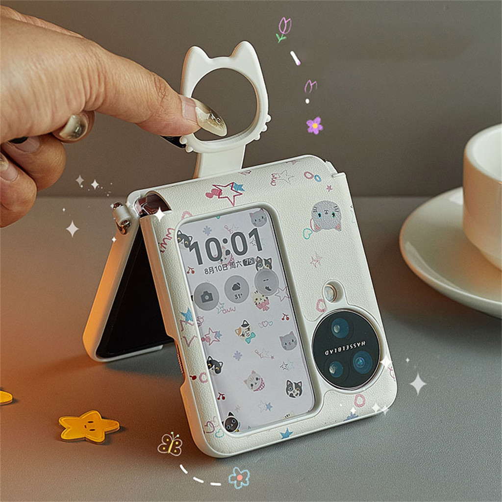 LUKEN ตลกน่ารักการ์ตูนเกาหลีแบบเต็มหน้าจอ Cat เคสโทรศัพท์สีขาวพร้อมแหวนสําหรับ OPPO ค้นหา N2 FliP ค้นหา N3 พลิกกันกระแทกฝาหลังสําหรับ Galaxy Z Flip 3 4 5 6 7 flip7 zflip5