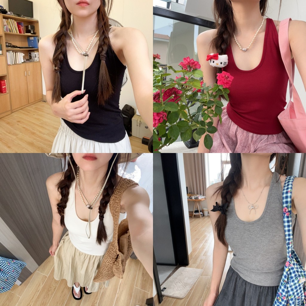 Bonnie เสื้อกล้าม มีฟองน้ำ ผ้าร่องเล็ก สีพื้นยืดกำลังดี เข้ารูป เสื้อแขนกุด ใส่สบาย สไตล์ลำลอง