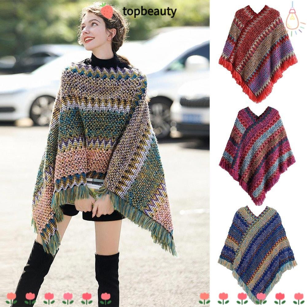 Topbeauty เสื้อปอนโชมองโกเลีย,สไตล์ชาติพันธุ์โพลีเอสเตอร์เสื้อสวมหัวพู่ผ้าคลุมไหล่,เสื้อทับลายฤดูหนาวที่อบอุ่นถักเคปผู้หญิงแฟชั่น