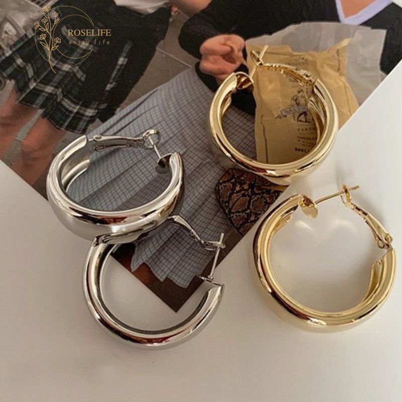 Roselife ต่างหูคลาสสิก 14K Gold Glossy Hoop สำหรับผู้หญิง