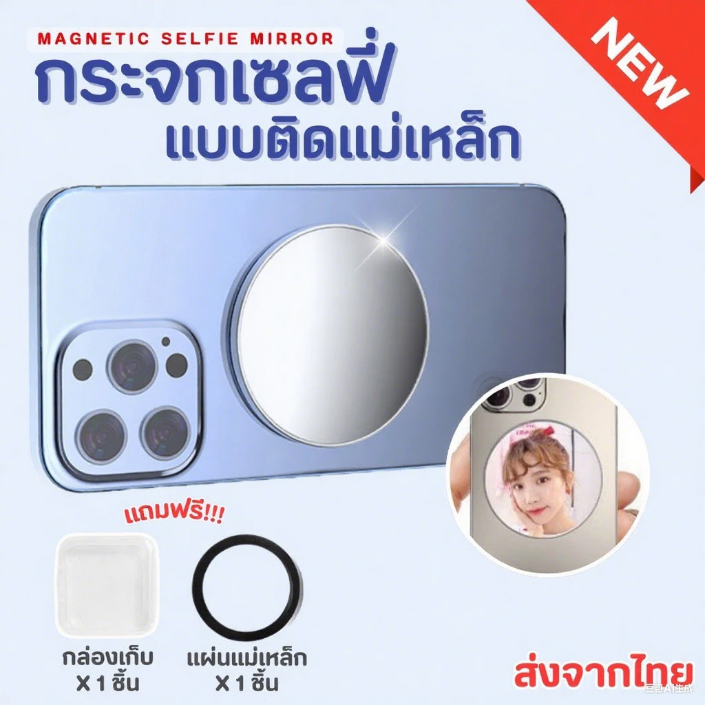 กระจกเซลฟี่ Magsafe แบบแม่เหล็กติดหลังมือถือ และแบบกาว อุปกรณ์ช่วยถ่ายรูป พกพาง่าย น้ำหนักเบา พร้อมกล่องใส่ในตัว