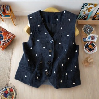 2025 ฤดูร้อนสีดําและสีขาวคลื่นจุดแขนกุดเสื้อคอวีผู้หญิงอารมณ…