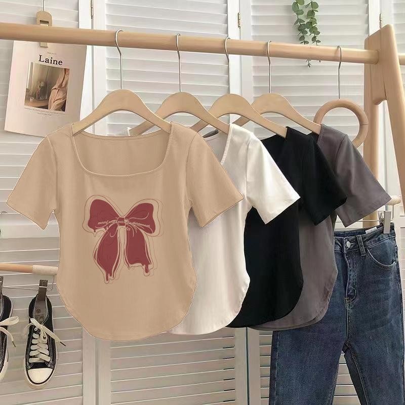 ผู้หญิงเสื้อยืด ผอมเพรียวเสื้อยืดผู้หญิง เสื้อเชิ้ตเอวลอยผู้หญิงเสื้อยืดสวย เสื้อแขนสั้นรัดรูปใส่เสื้อผ้าที่ดูดี ชุดดุจอ