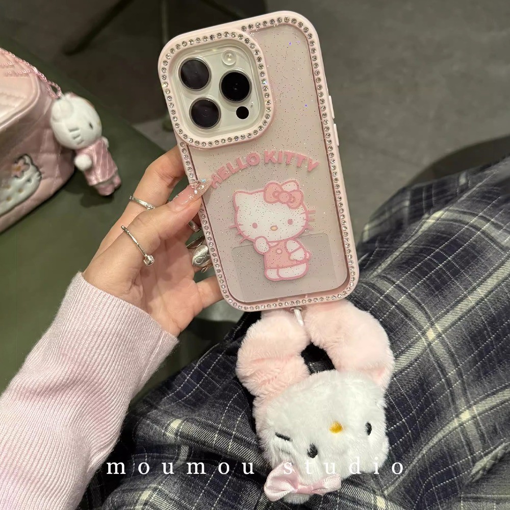 เคส IPhone Thicken กันกระแทกอะคริลิค Hard Case IPhone 14 Pro Max น่ารักสีชมพู Hello Kitty สายรัดข้อมือสร้อยข้อมือประกายเพชรขอบสําหรับ IPhone 16 15 14 13 Pro Max