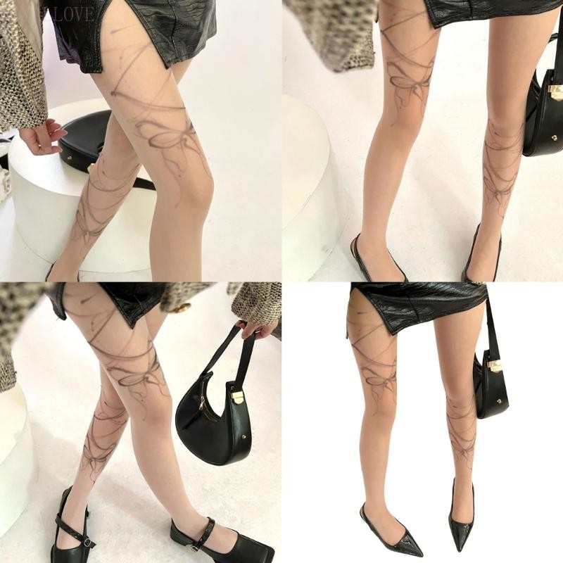 Royal Elegant Bowknot พิมพ์ Sheer Silk Tights สําหรับสุภาพสตรีอินเทรนด์ญี่ปุ่น Tattooed รูปแบบดูผ่าน Pantyhose Stocki