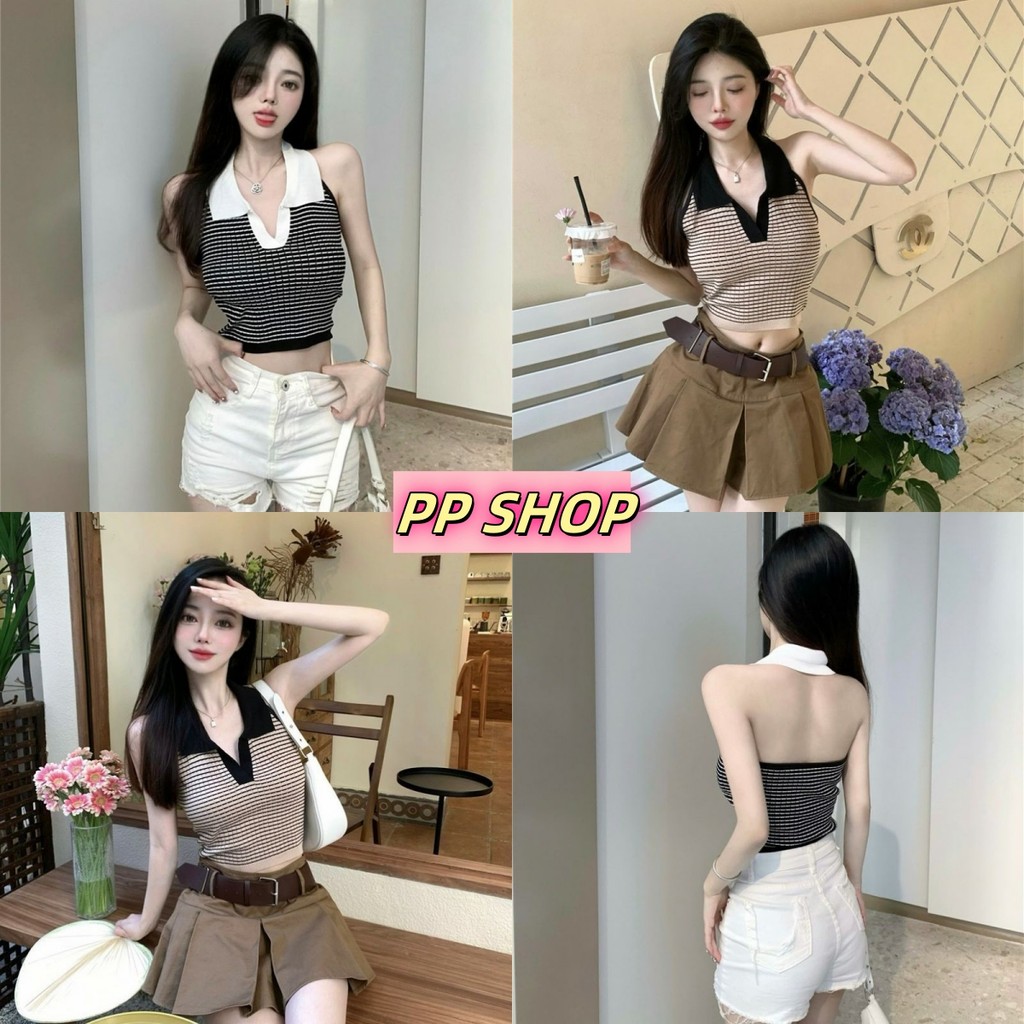 💜PP Shop​💜​พร้อมส่ง เสื้อกล้าม แขนกุดสไตล์ลำลองใส่สบาย เข้ารูป ผ้าถัก คอวี เสื้อครอปคล้องคอ ลายทาง โชว์หลัง น่ารักๆ#0236
