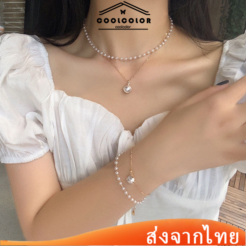 ในไทย✨สร้อยคอไข่มุกแฟชั่นบุคลิกภาพโซ่ไหปลาร้าที่เรียบง่ายสร้อยคอทองคำสำหรับผู้หญิงCOD