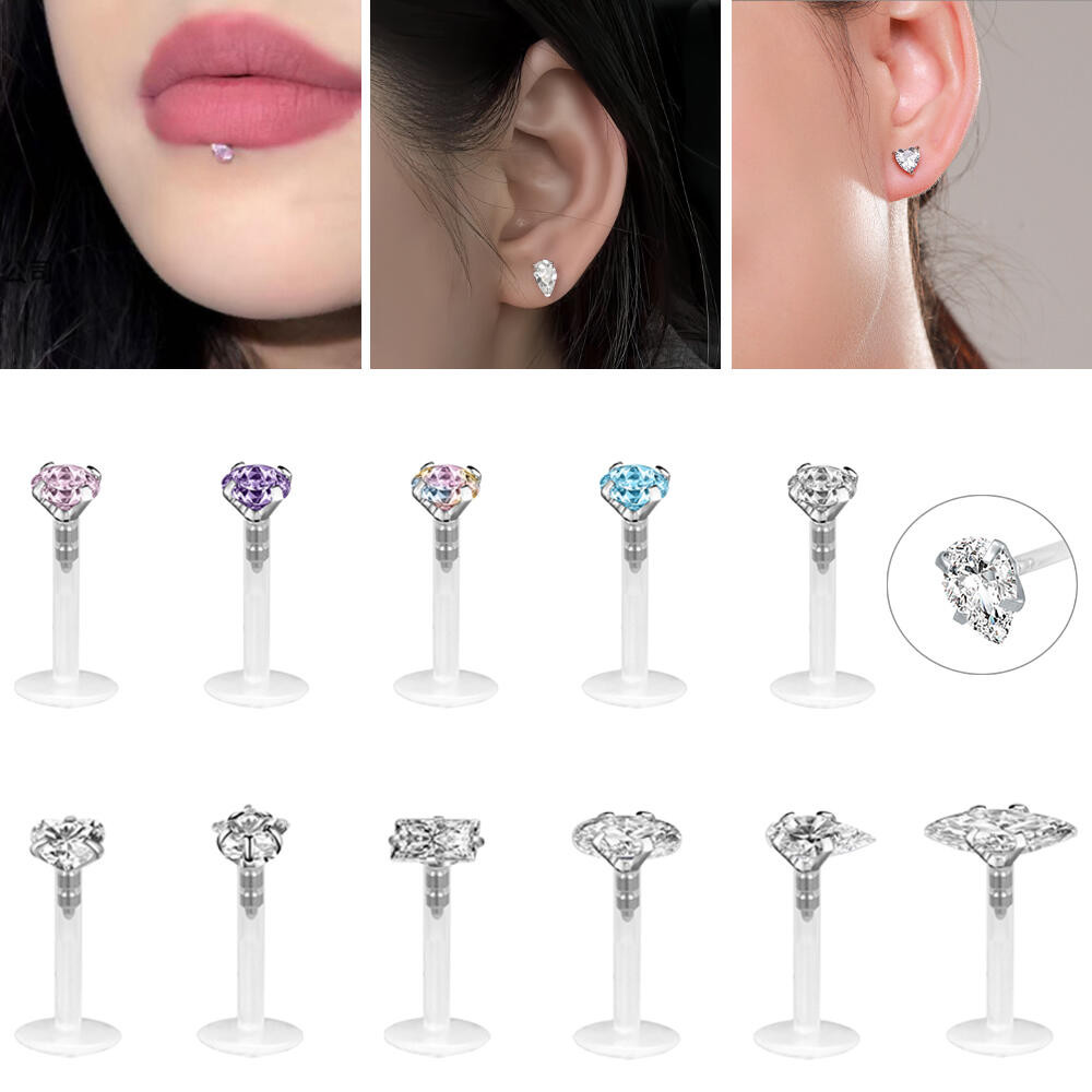 1-2 ชิ้น 14 กรัมหูเจาะ Bioflex อะคริลิค Labret Lip Stud เจาะคริสตัล Labret Lip แหวน Helix Tragus กระดูกอ่อนต่างหูเจาะโปร่งใส Multicolor