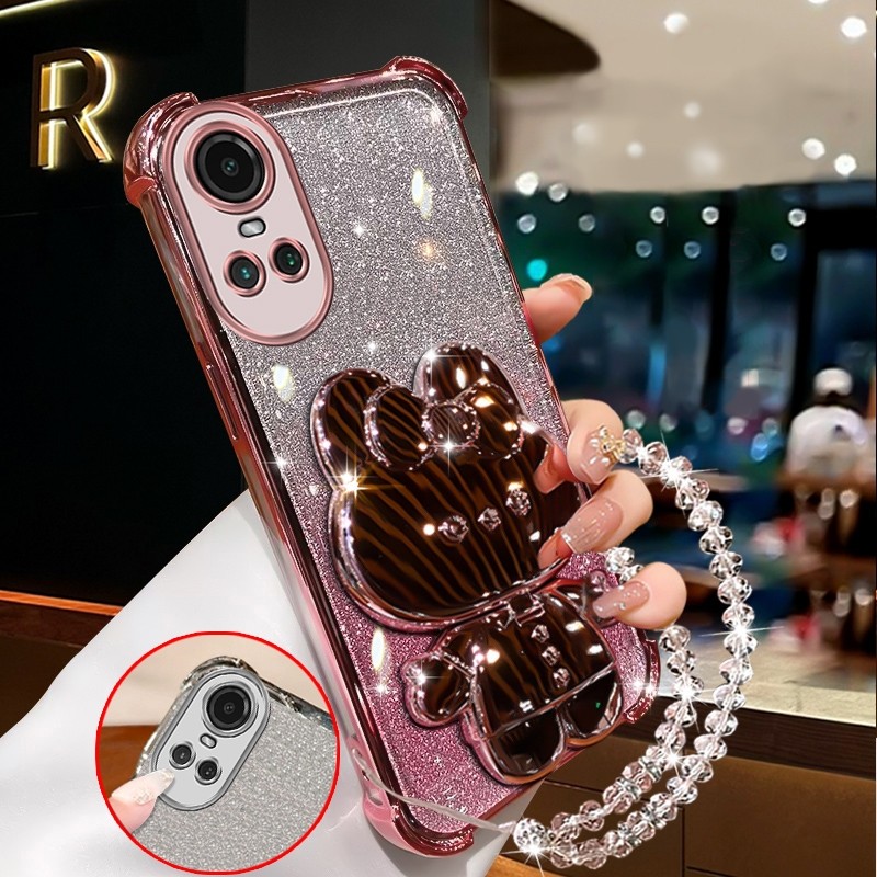 กันกระแทก case สําหรับ OPPO RENO 10 5G RENO 10 PRO RENO 11 PRO 5G ประกายสีชมพูเคสโทรศัพท์กระต่ายกระจกแต่งหน้าพร้อมที่วางซิลิโคน TPU Soft case XXXDA