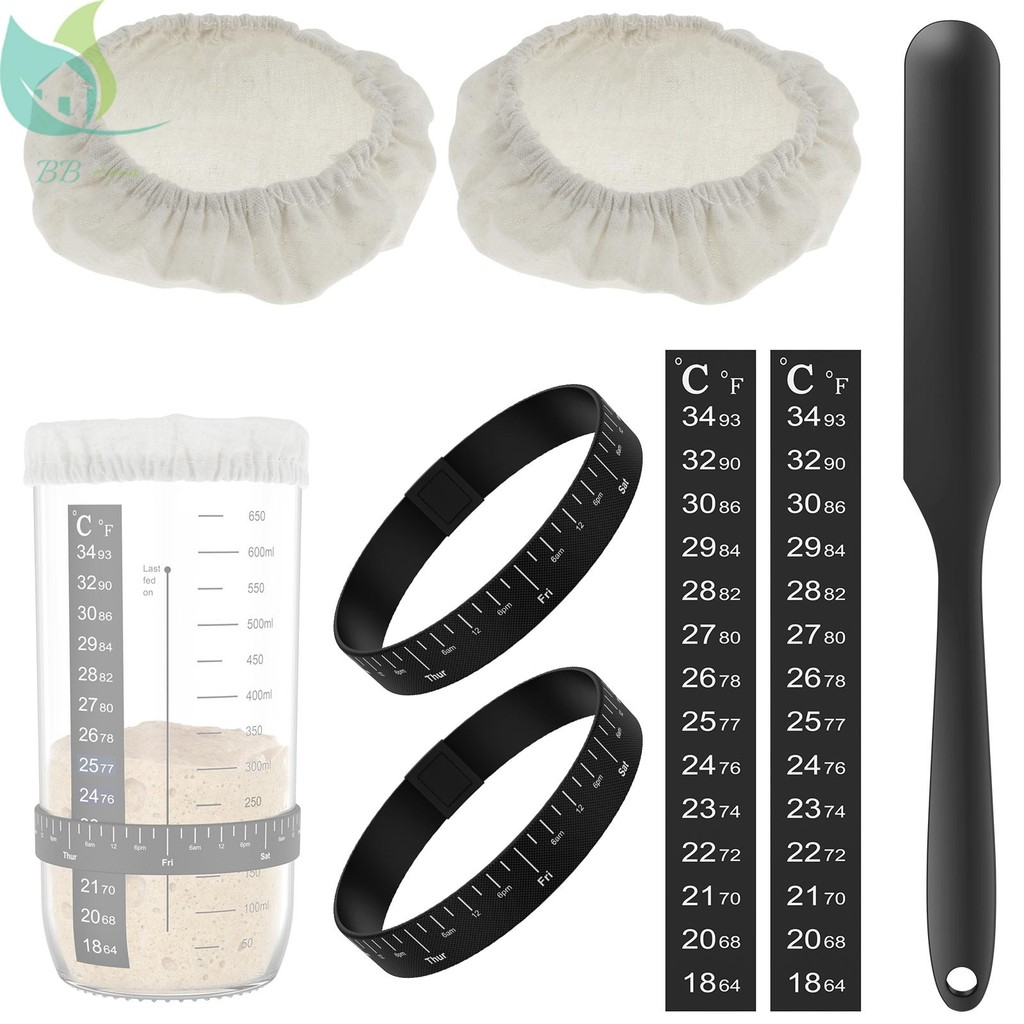 7 ชิ้น Sourdough Starter Kit Sourdough Starter อุปกรณ์เสริมผ้าครอบคลุมอุณหภูมิและวันที่ Marked Feedi