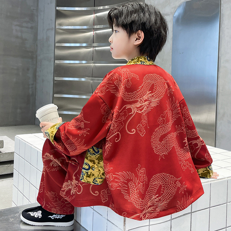【พร้อมส่งในจีน】ชุดตรุษจีน สีแดง แขนยาว เสื้อ+กางเกง สุดหล่อ ฮั่นฝู สไตล์จีนโบราณสำหรับเด็กชายเด็กโต - รูปที่ 4
