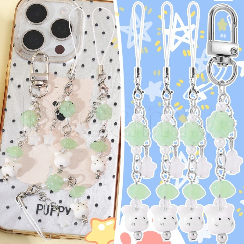 Lucky Rabbit Four-leaf Clover Phone Charm - พวงกุญแจลูกปัด Y2K - โซ่โทรศัพท์มือถือ - จี้ตกแต่งกระเป๋า - เครื่องประดับแขวนน่ารัก - พวงกุญแจสไตล์ INS - ตกแต่งกระเป๋าแฟชั่น