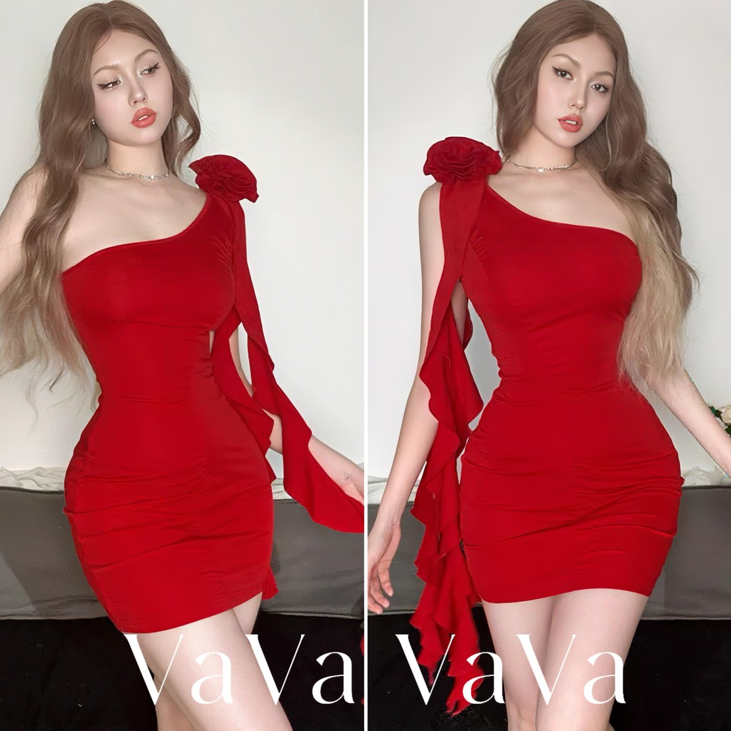 VaVa  มีสินค้า ชุดเดรสเปิดไหล่ลายดอกกุหลาบสามมิติสำหรับผู้หญิงเดรสเข้ารูปพอดีสะโพกพร้อมดีไซน์