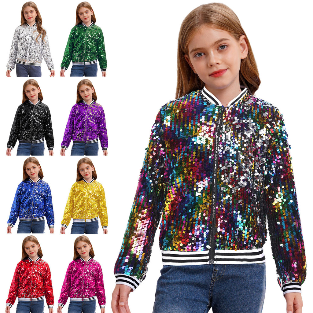Yeahdor เด็กผู้หญิง Sparkly เลื่อมแจ็คเก็ตเบสบอลเสื้อแขนยาวด้านหน้า Zip Up Striped Trim Outerwear เต้นรํา Party Bomber แจ็คเก็ต