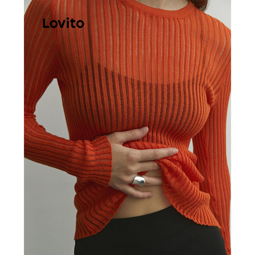 Lovito เสื้อถักผู้หญิง ผ้าโปร่ง สีพื้น สไตล์ลำลอง LNL68064