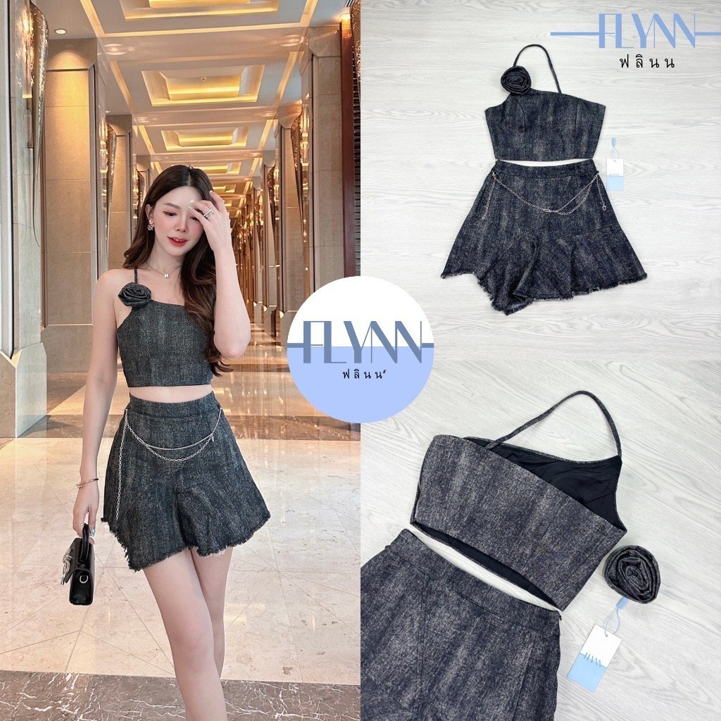 PD (พร้อมส่ง) Flynn4 set 4ชิ้น เสื้อครอปผ้ายีนส์สีดำพร้อมเข็มกลัดดอกไม้มาคู่กับกระโปรง shop PD.shop